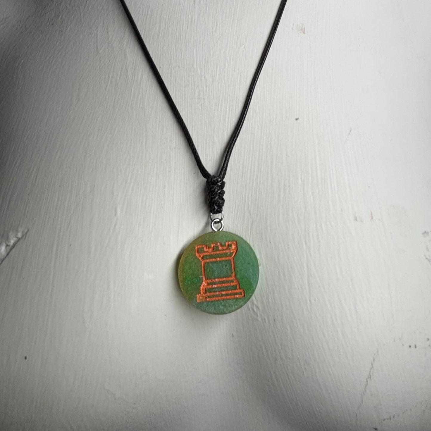 Green & Orange Rook - Handmade Resin Chess Necklace