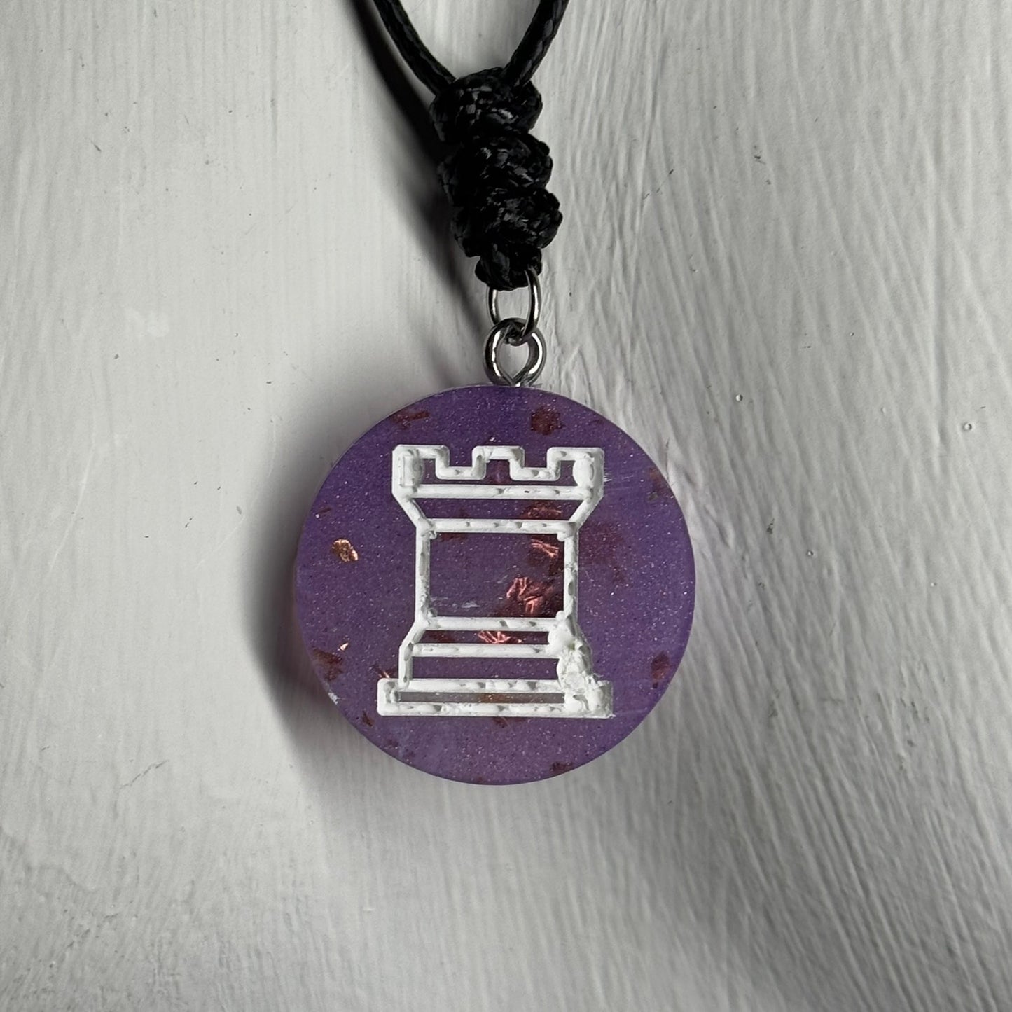 Purple Crystal Rook - Handmade Resin Chess Necklace - Flat Edition
