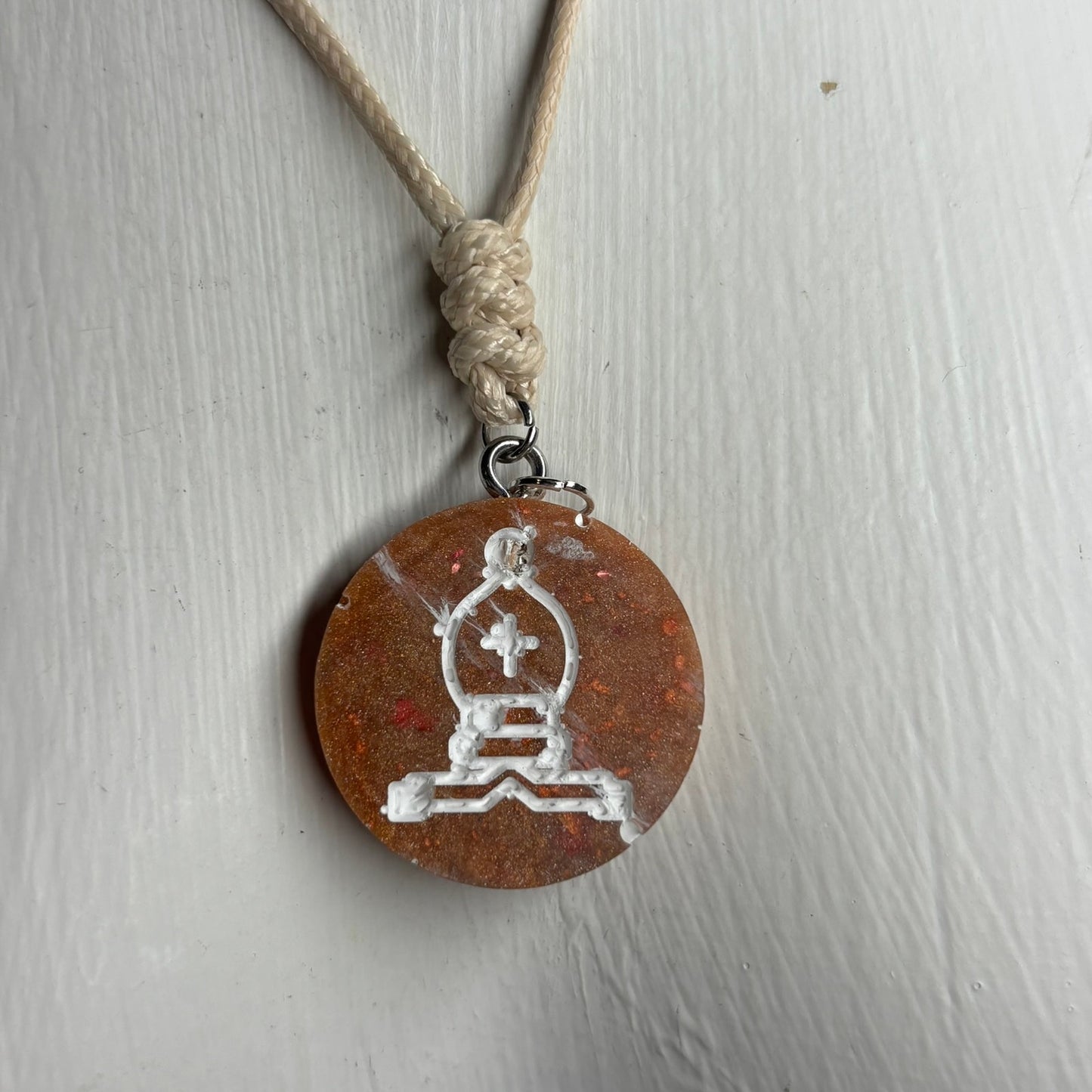 Cream Crystal Orange Bishop - Handmade Resin Chess Necklace