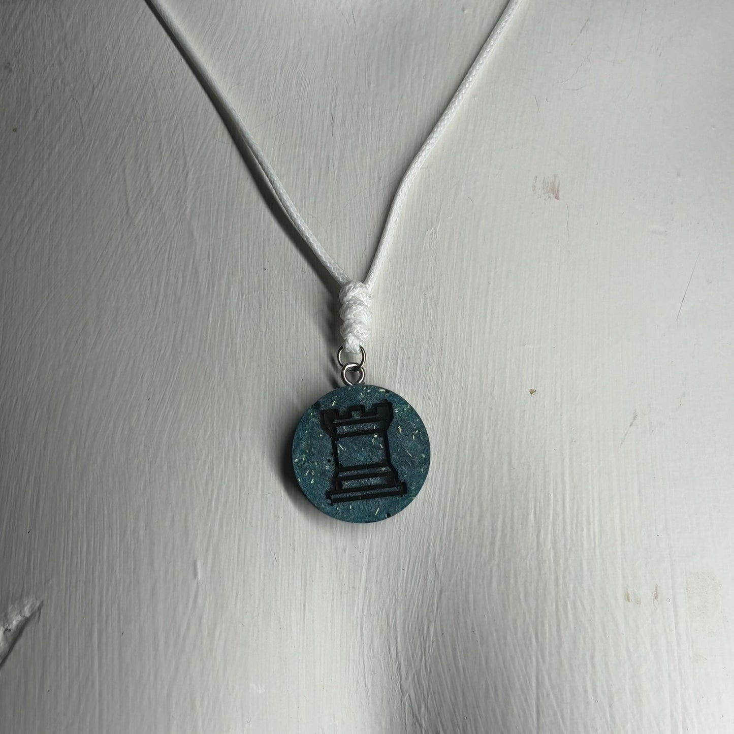 Blue Crystal Rook - Handmade Resin Chess Necklace