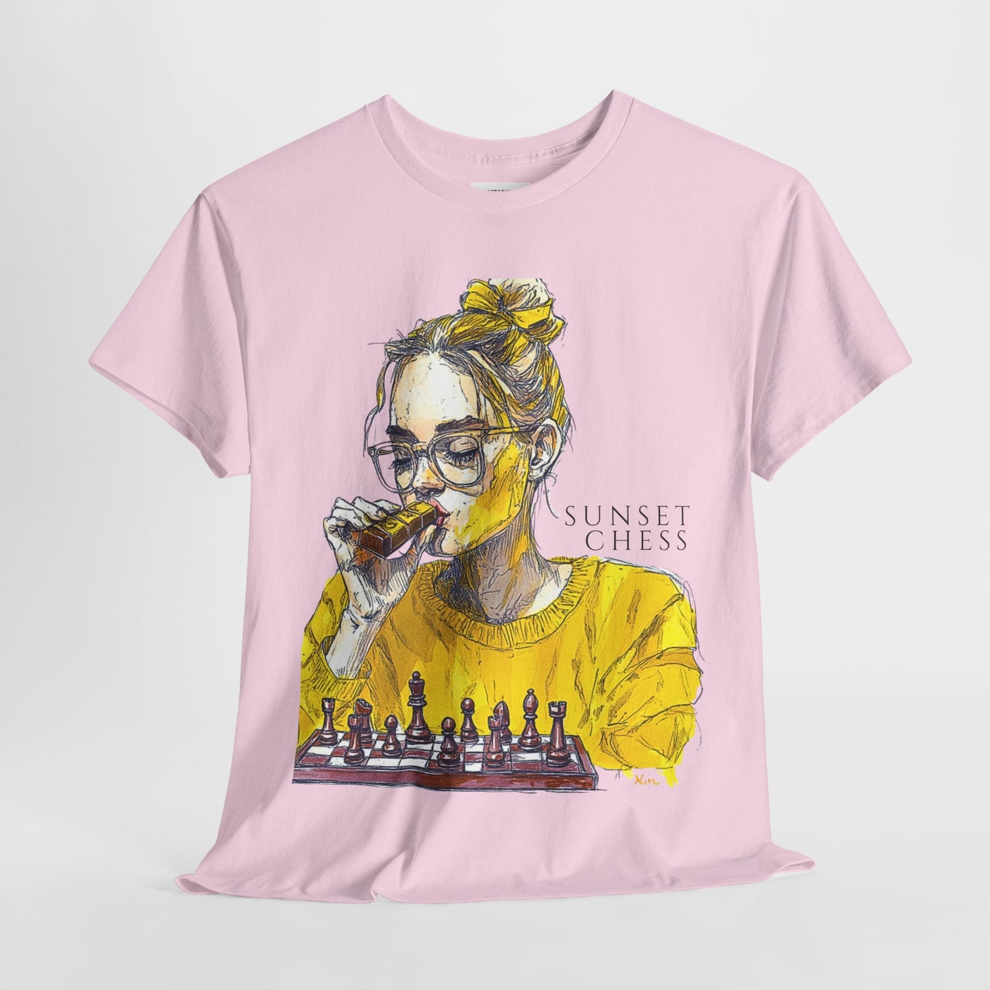 Yellow Woman Playing Chess - Pink Edition - Unisex Heavy Cotton Tee