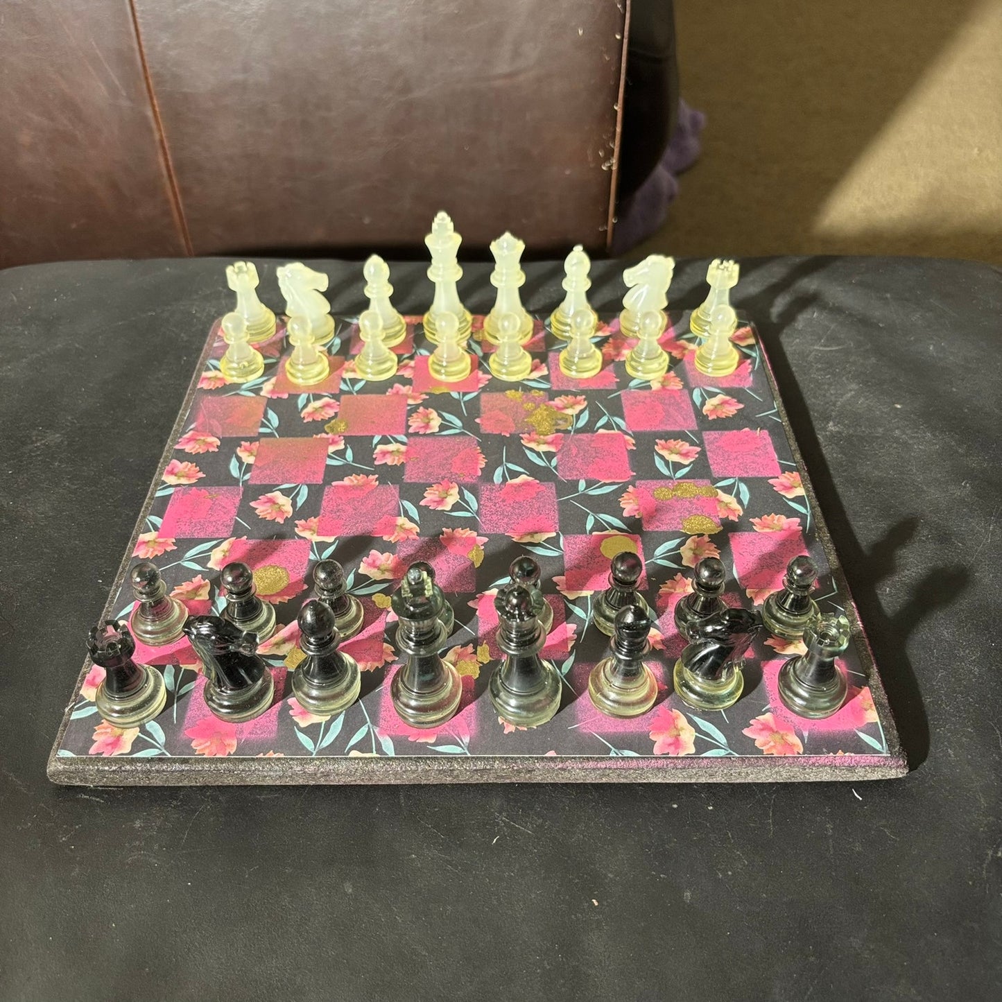 Beautiful Black Pink Flowers - Scrapbook Chess Set