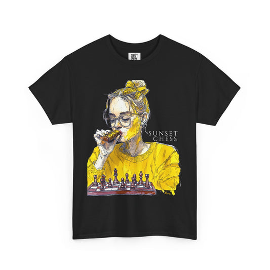 Yellow Woman Playing Chess - Black Edition - Unisex Heavy Cotton Tee