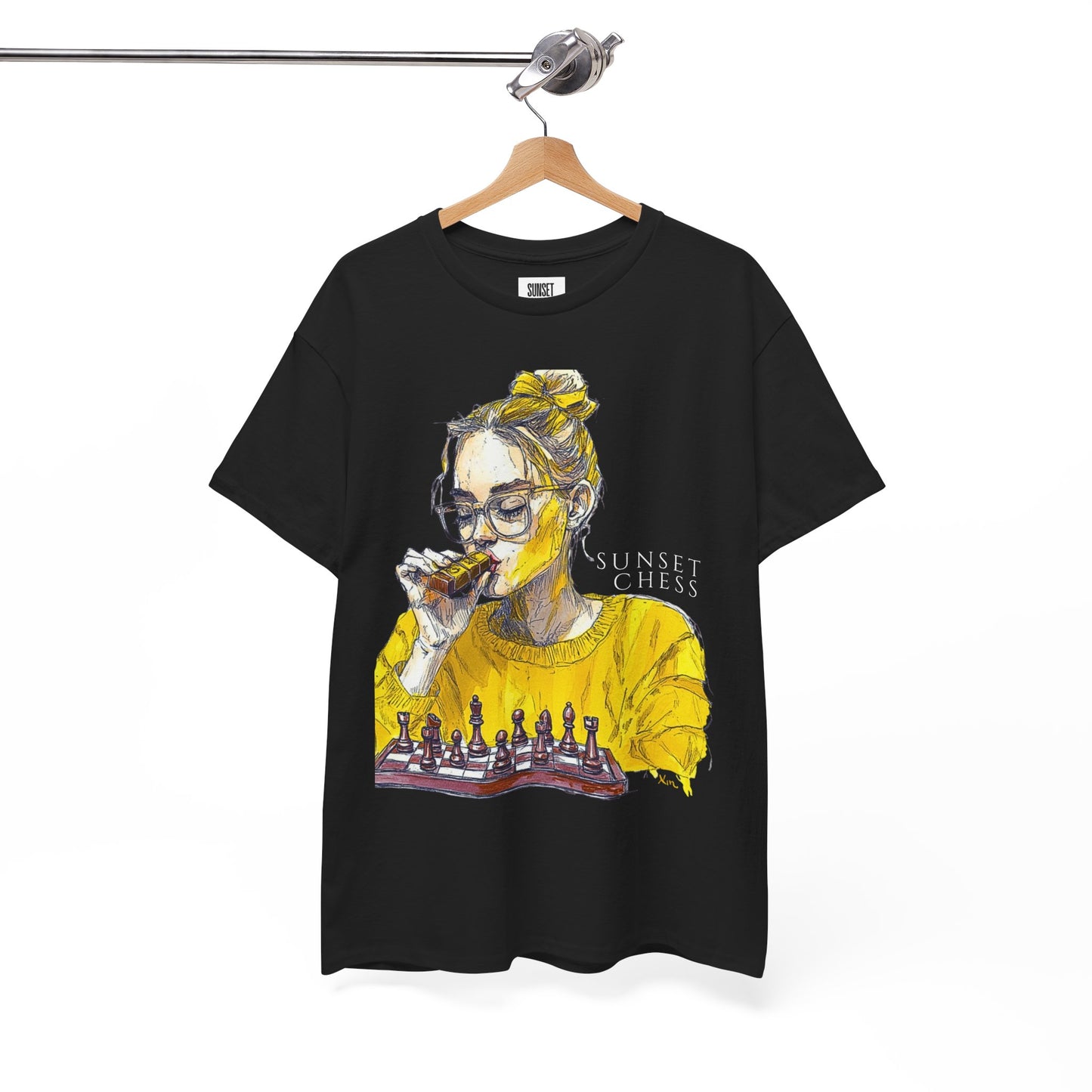 Yellow Woman Playing Chess - Black Edition - Unisex Heavy Cotton Tee