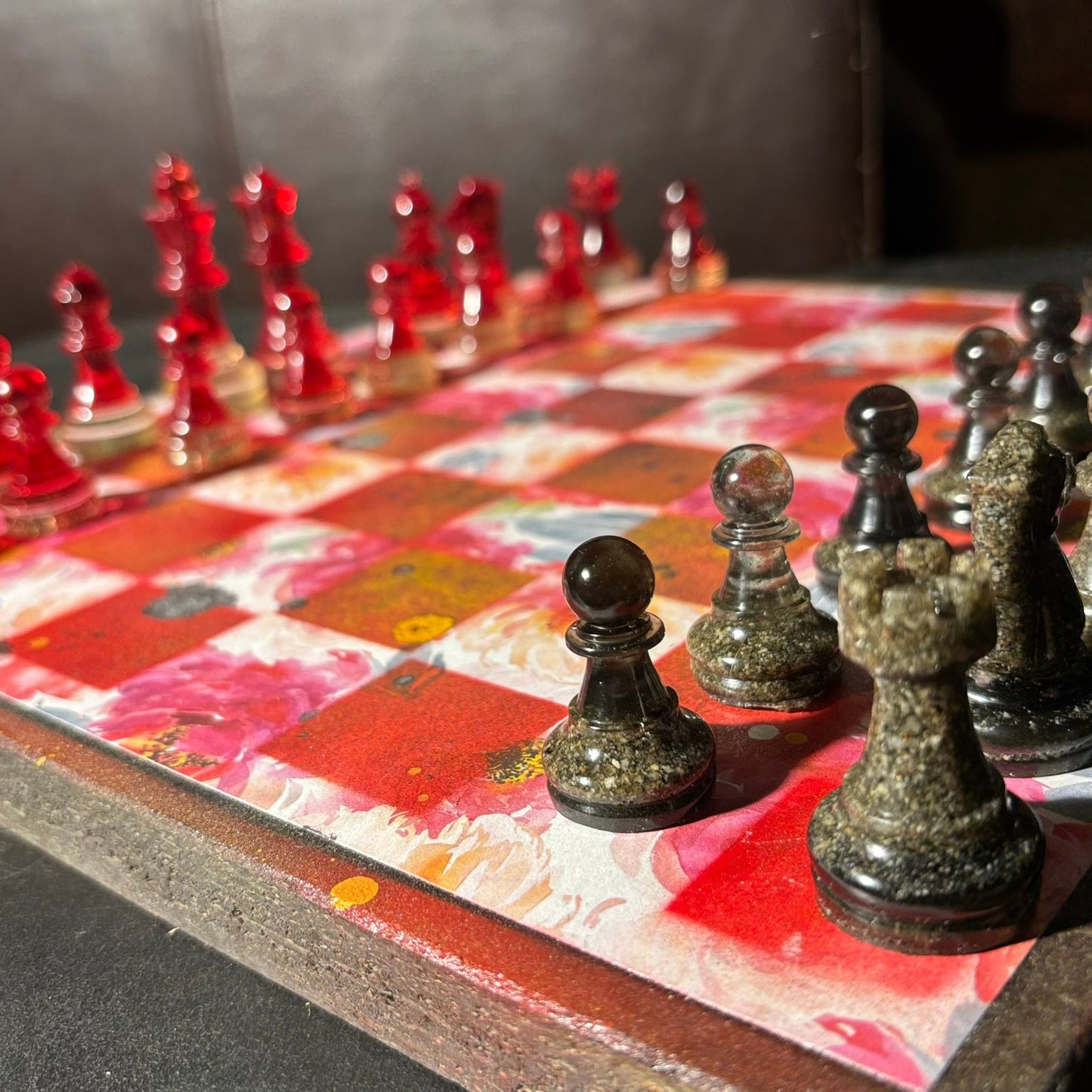 Opal Fire Red Flower - Scrapbook Chess Set