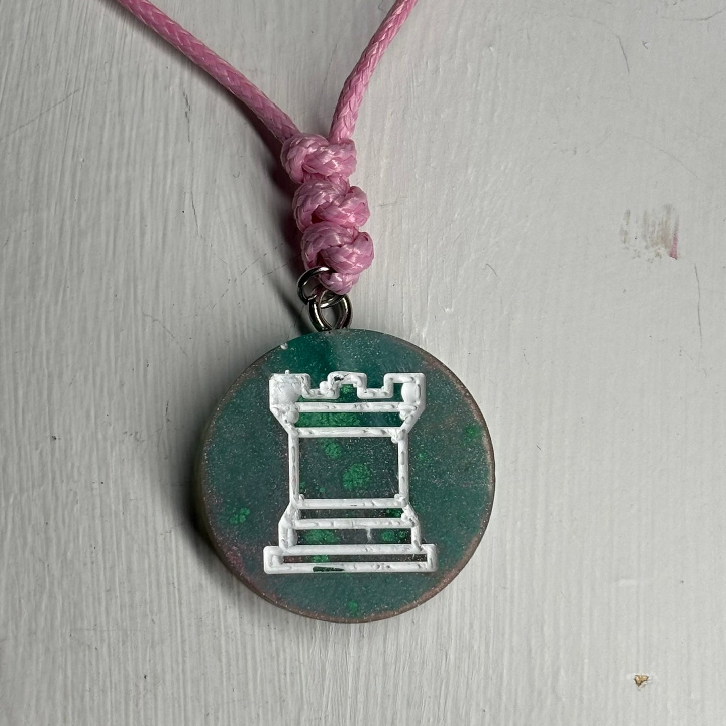 Pearl Green Rook - Handmade Resin Chess Necklace