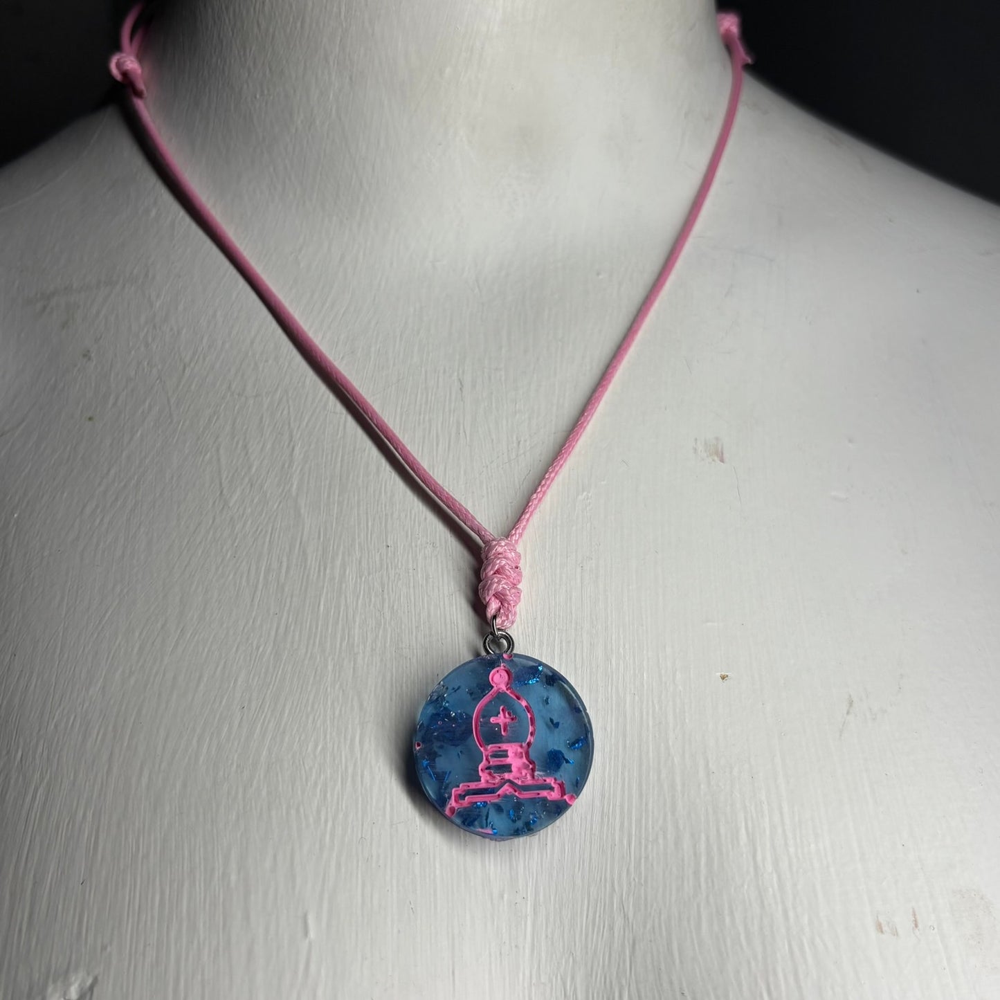 Vibrant Pink & Blue Bishop - Handmade Resin Chess Necklace