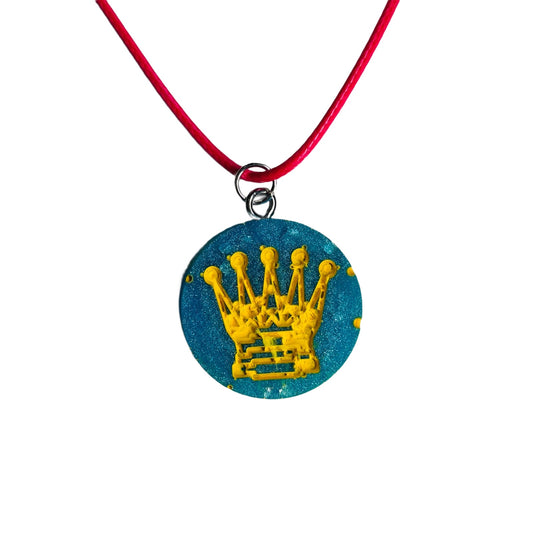Blue/Yellow Queen - Handmade Resin Chess Necklace
