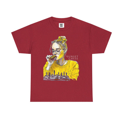 Yellow Woman Playing Chess- Red Edition - Unisex Heavy Cotton Tee