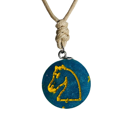 Cream Blue Knight - Handmade Resin Chess Necklace