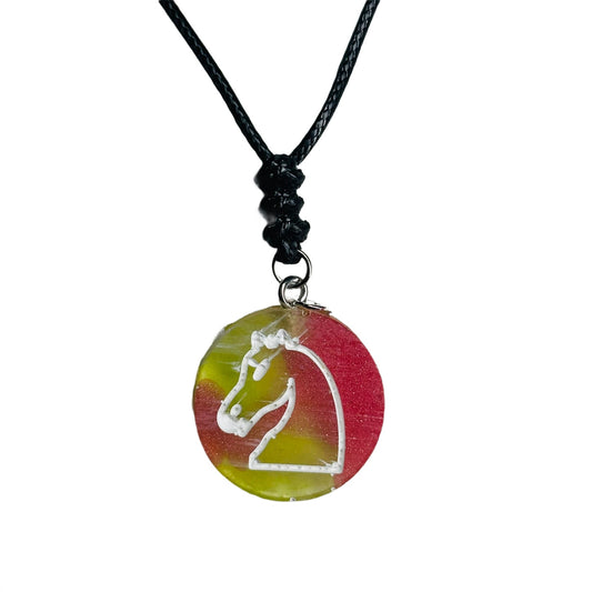 Pink Green Swirl Knight - Handmade Resin Chess Necklace