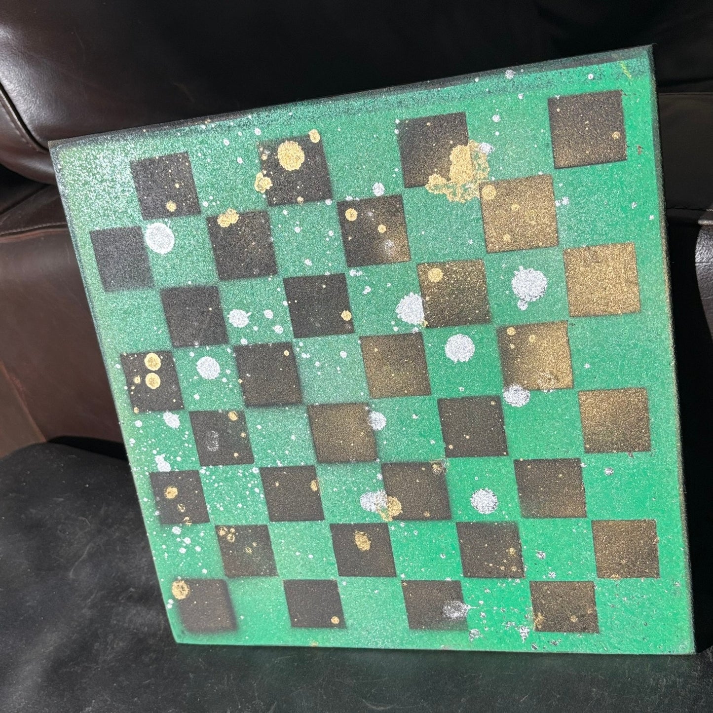 Green Gold Splatter - Painted Chess Board