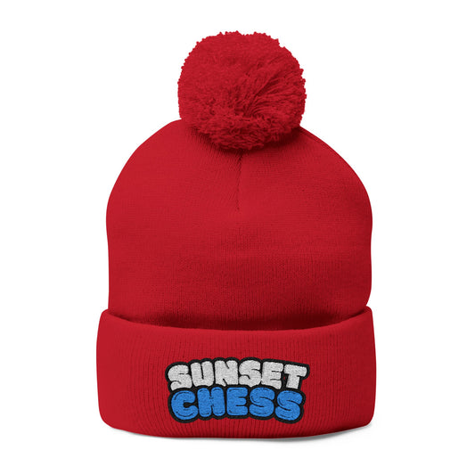 Sunset Chess - Pom Pom Red Beanie
