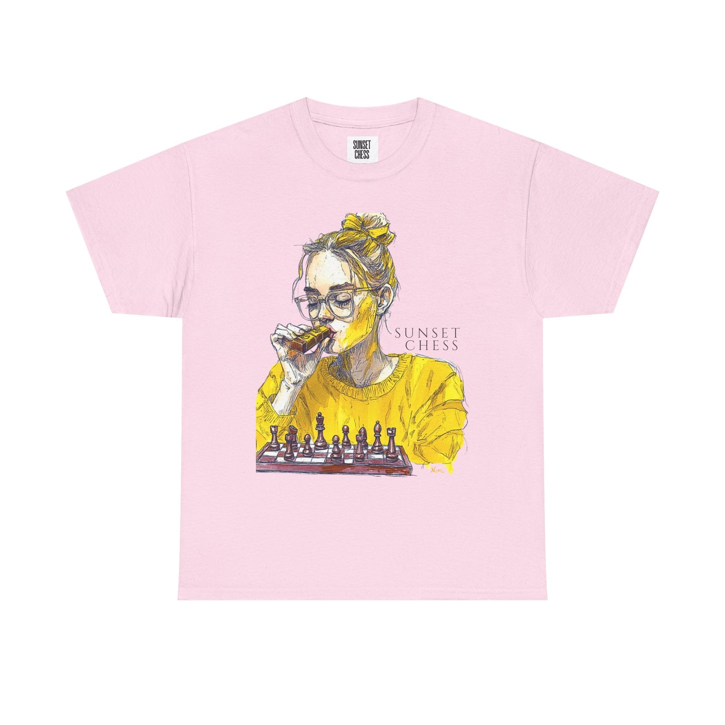 Yellow Woman Playing Chess - Pink Edition - Unisex Heavy Cotton Tee