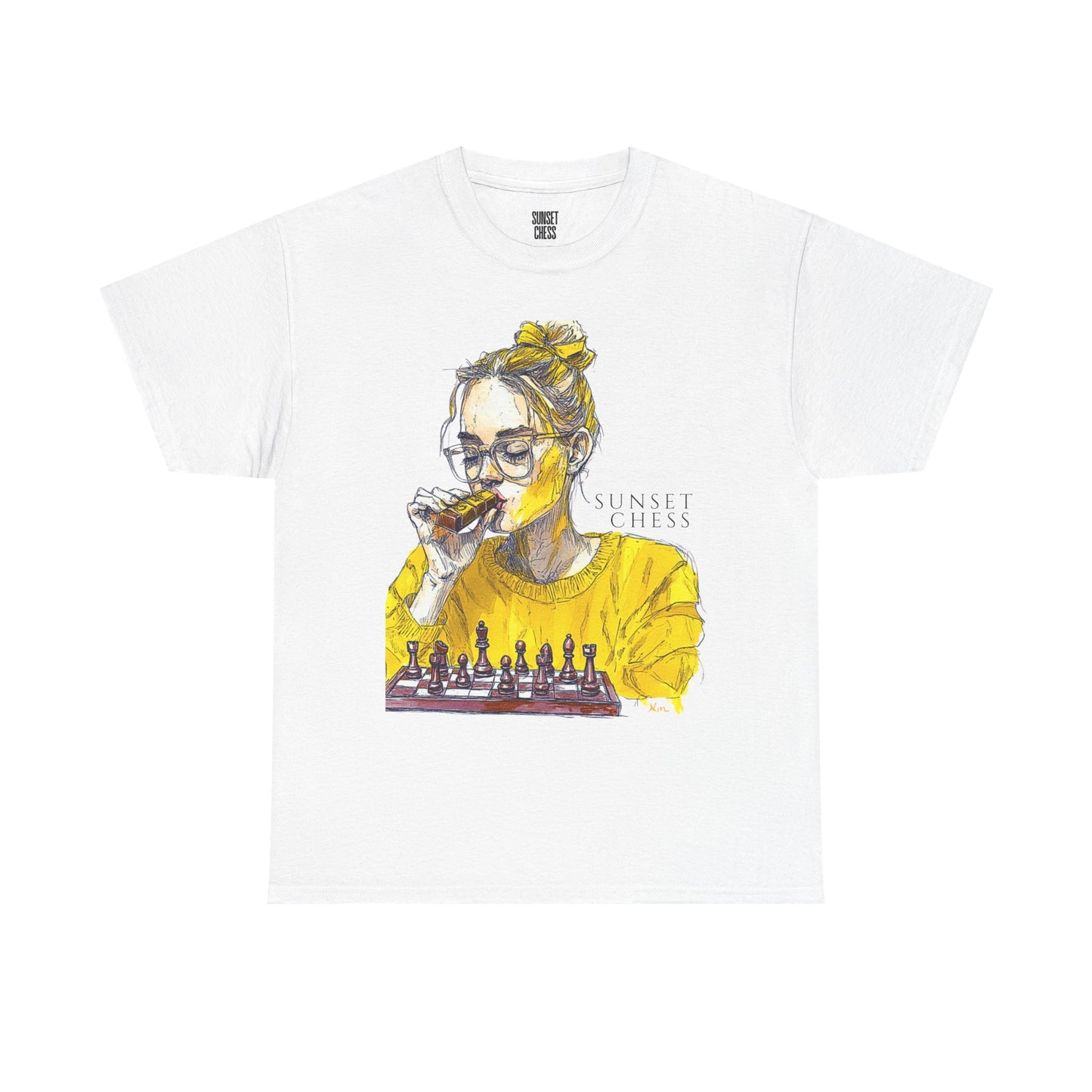 Yellow Woman Playing Chess - Unisex Heavy Cotton Tee