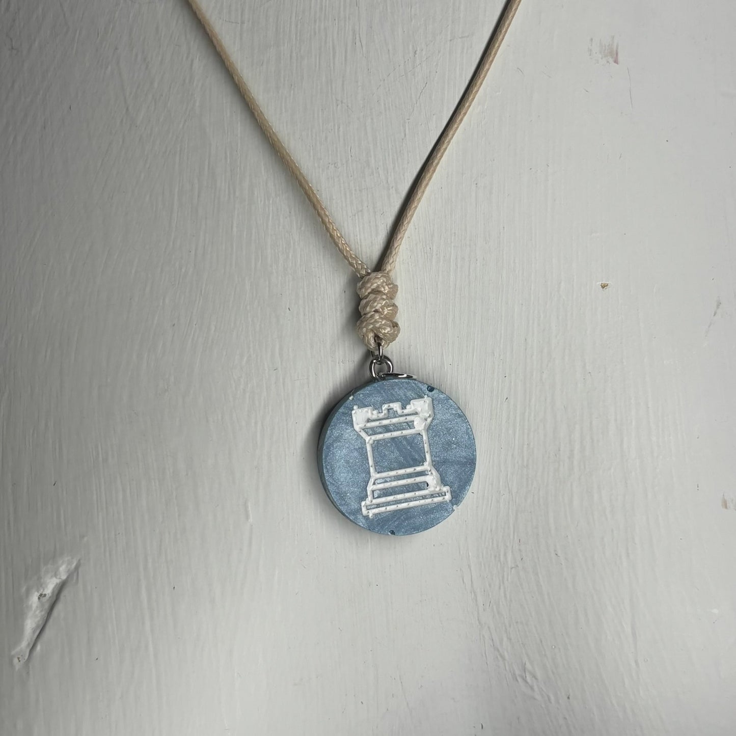 Cream Blue Rook - Handmade Resin Chess Necklace