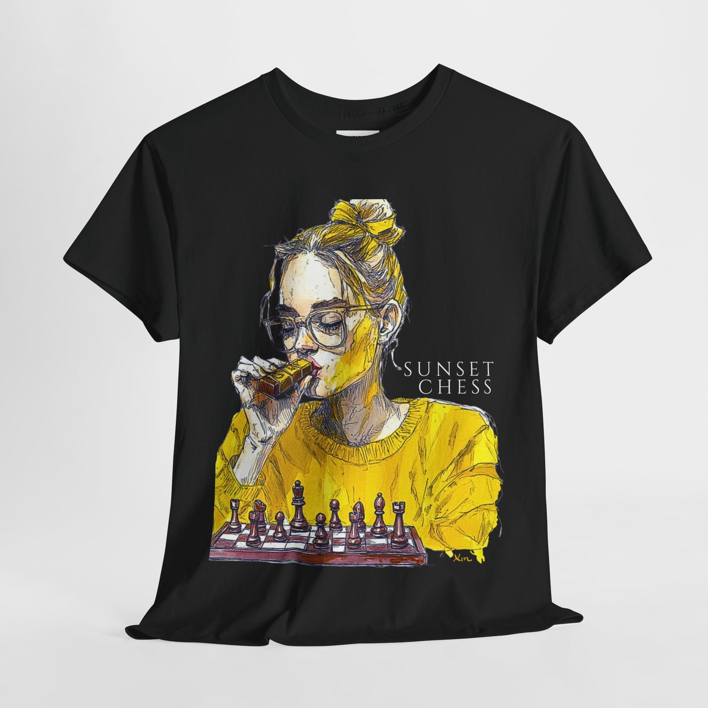 Yellow Woman Playing Chess - Black Edition - Unisex Heavy Cotton Tee