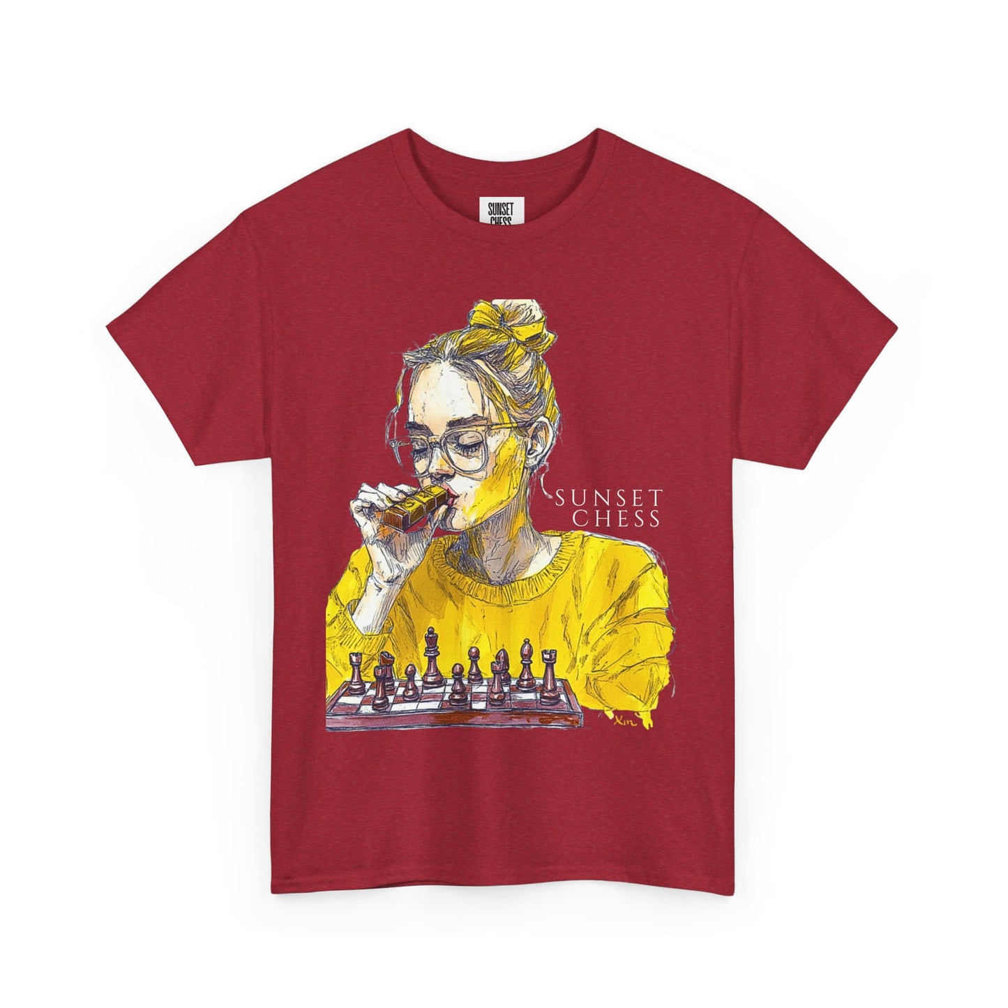 Yellow Woman Playing Chess- Red Edition - Unisex Heavy Cotton Tee