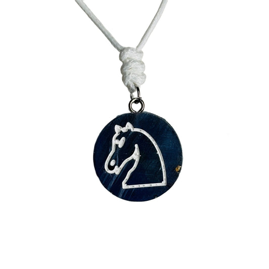 Navy Blue Knight - Handmade Resin Chess Necklace - Flat Edition