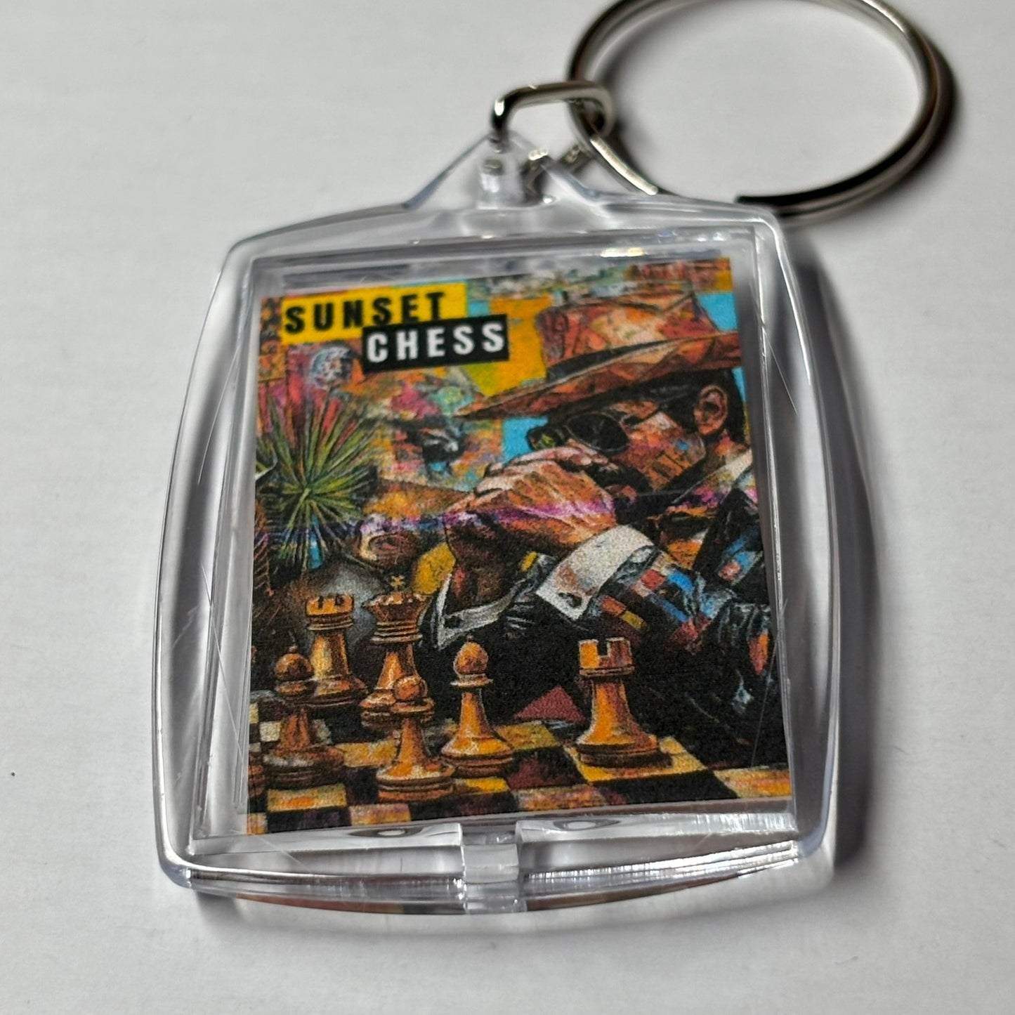 The Big Dog Ponders The Game - Sunset Chess Photo Keychain