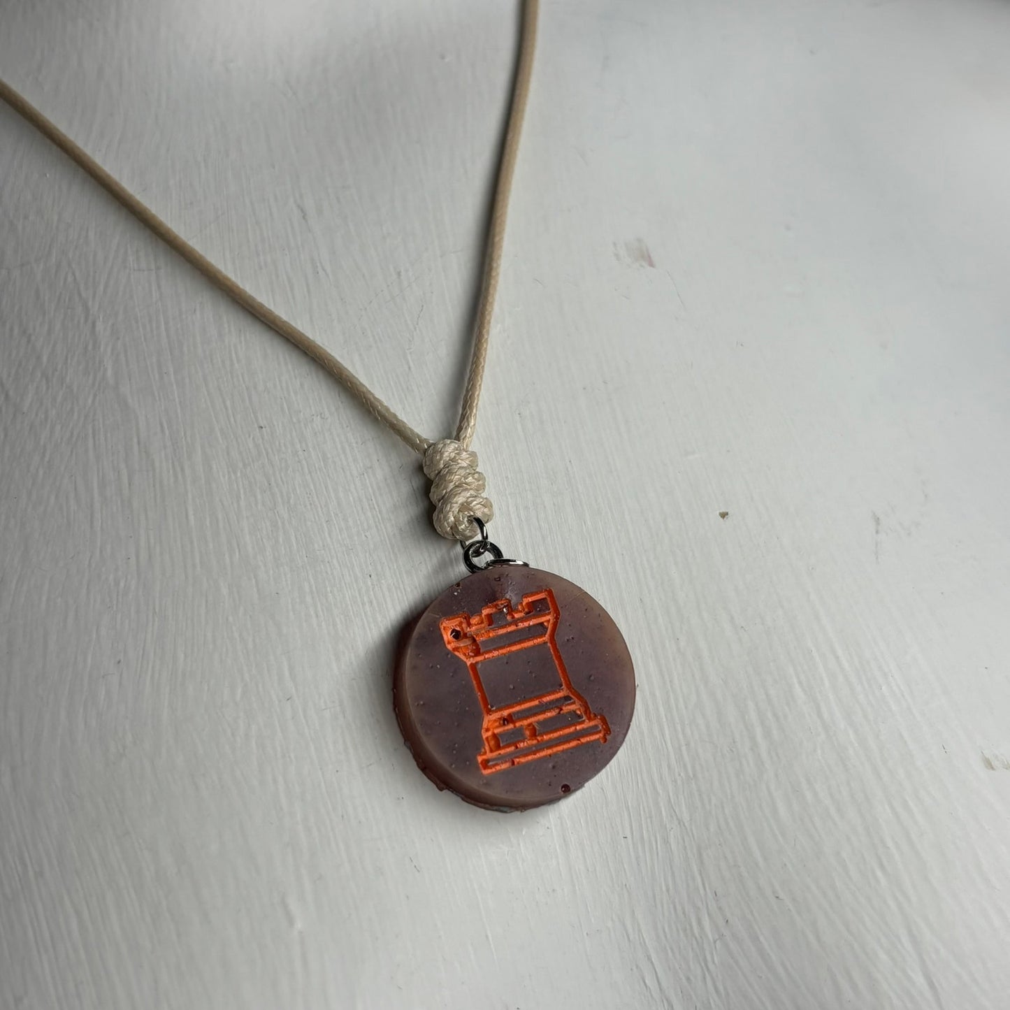 Vintage Orange Print Rook - Handmade Resin Chess Necklace