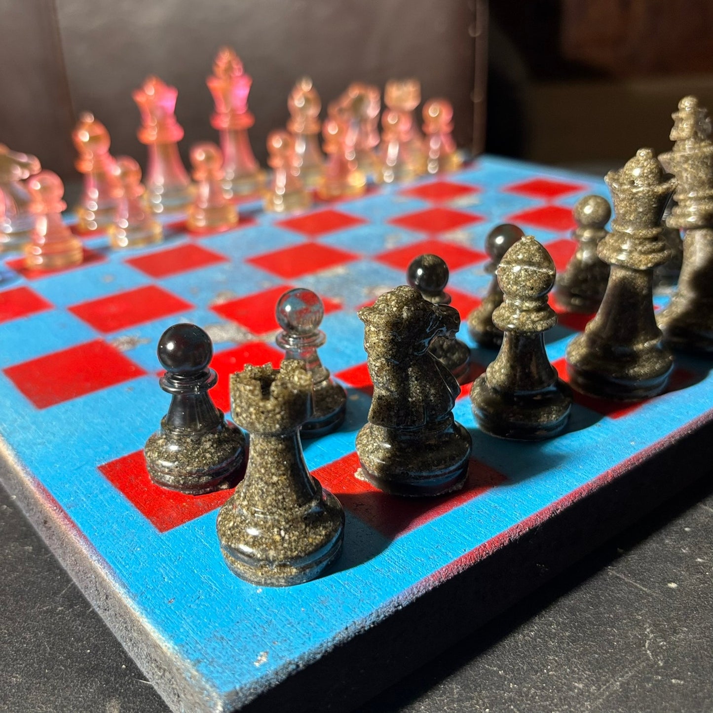 Sky Blue & Red - Painted Chess Set