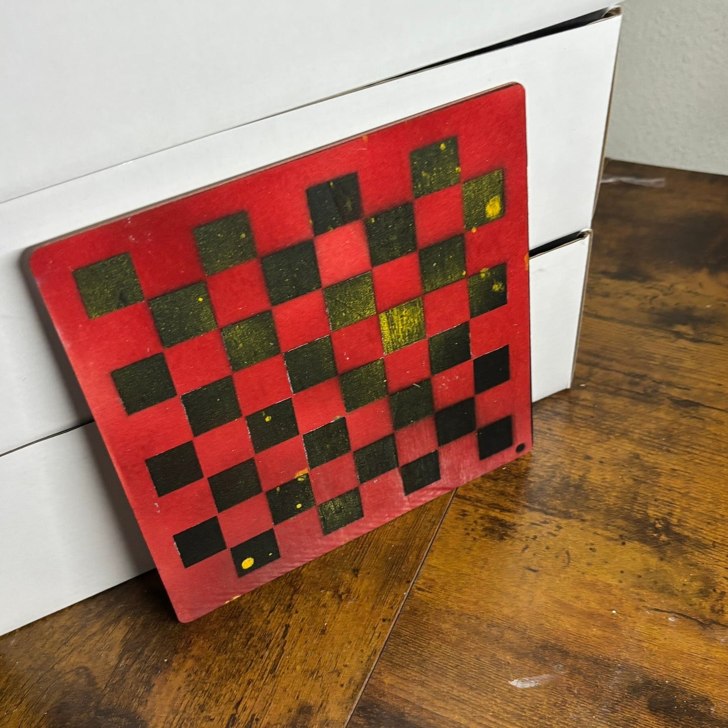 Red & Black Mustard Yellow - Painted Thin Wooden Chess Board
