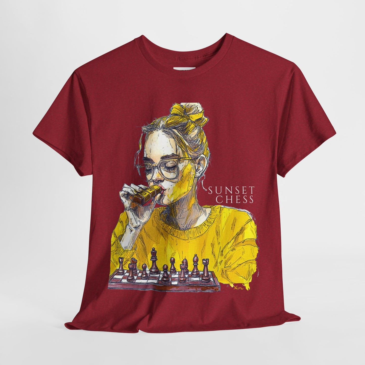 Yellow Woman Playing Chess- Red Edition - Unisex Heavy Cotton Tee