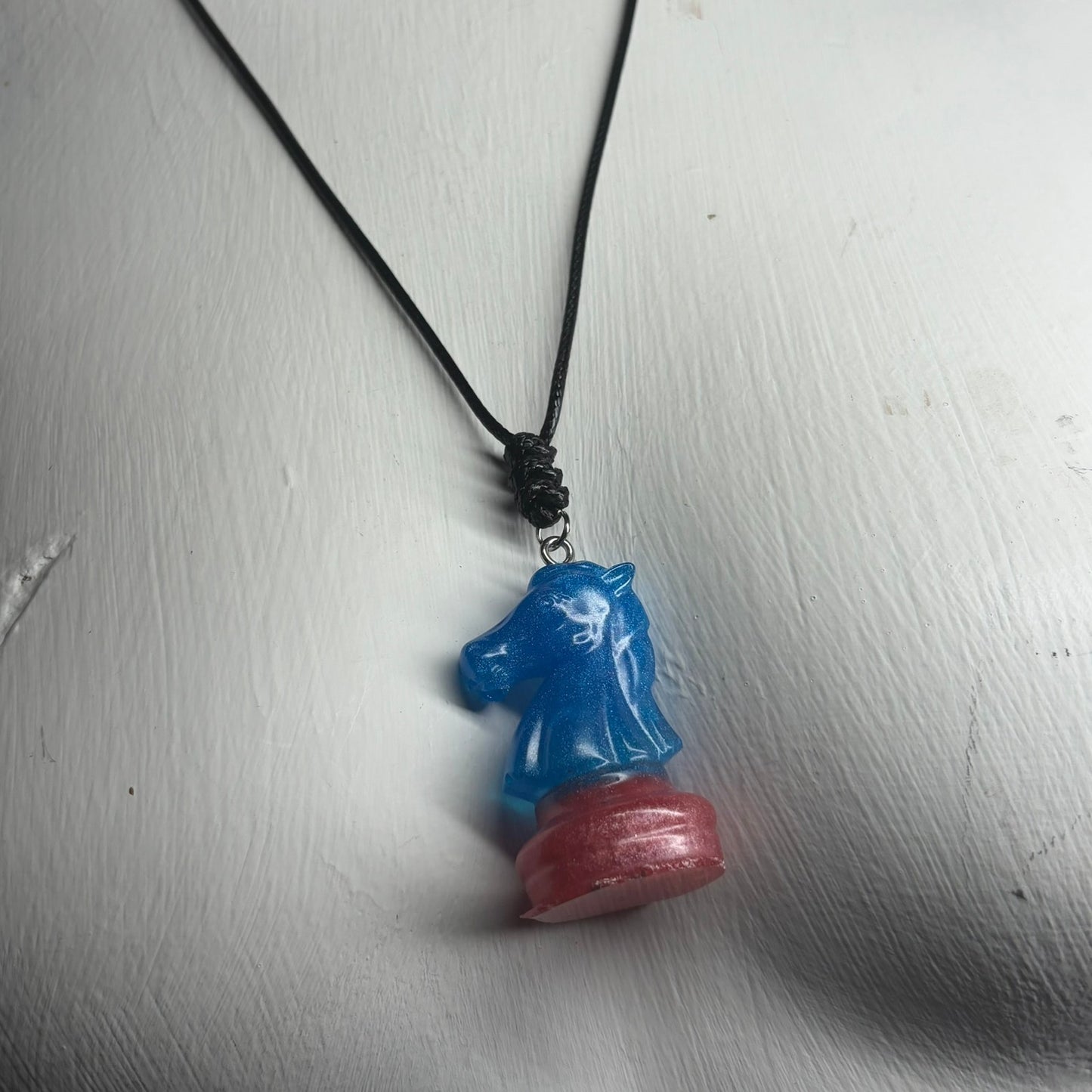 Blue & Red Knight - Handmade Resin Chess Necklace