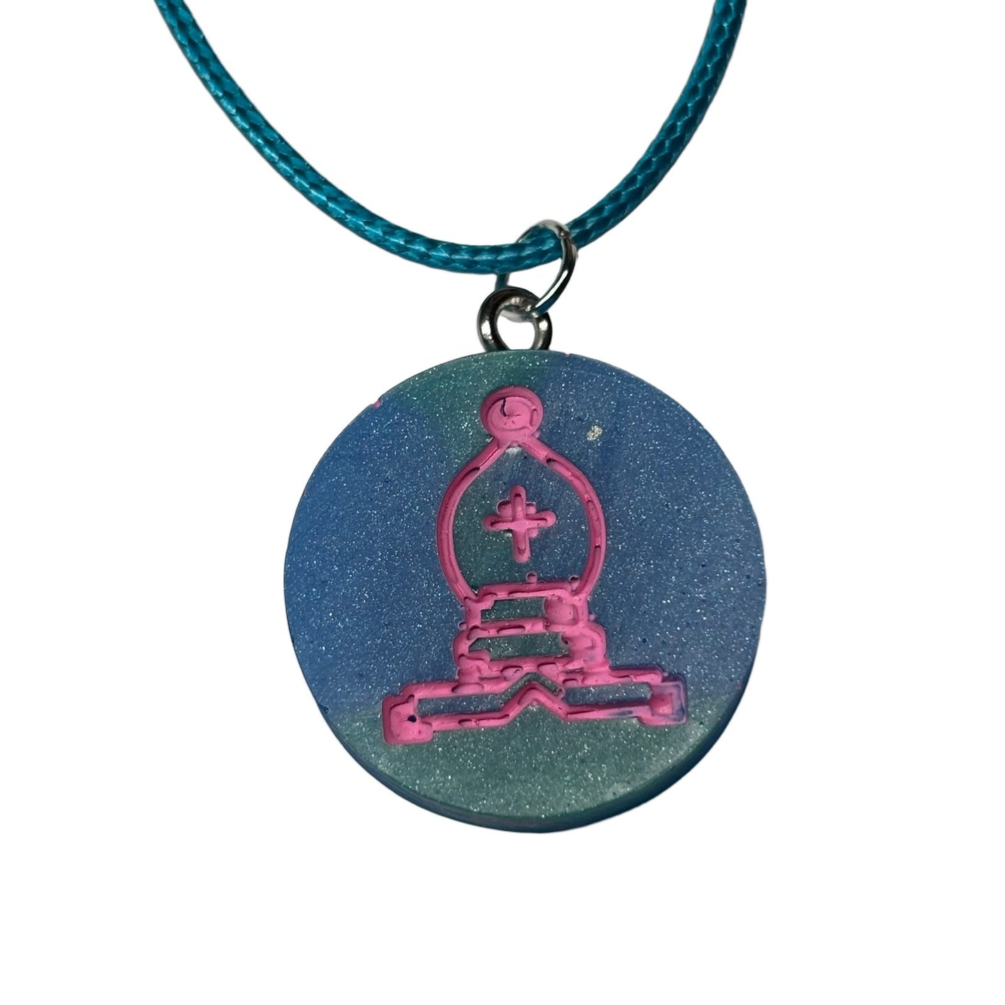 Blue & Pink Bishop - Handmade Resin Chess Necklace