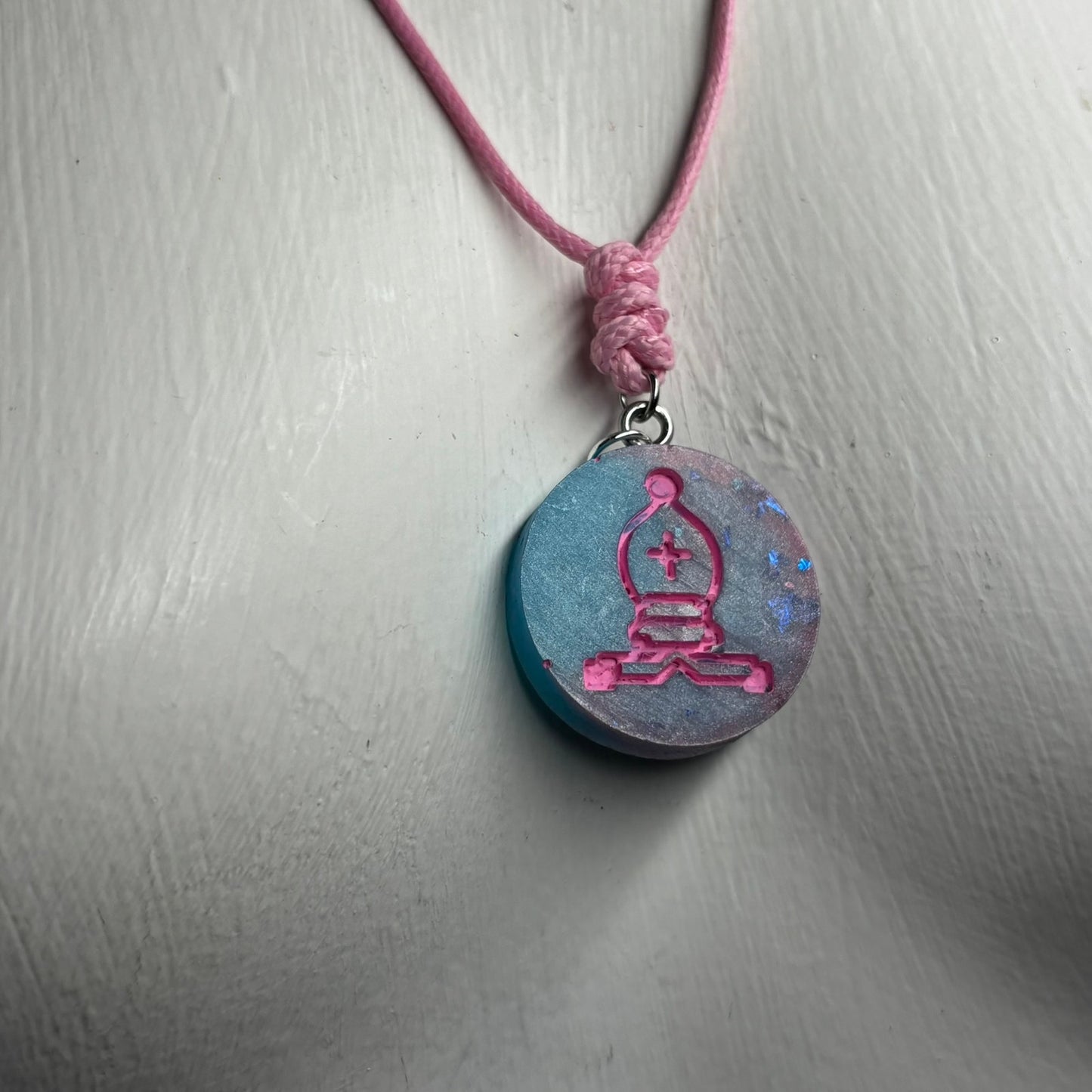 Pink & Blue Bishop - Handmade Resin Chess Necklace