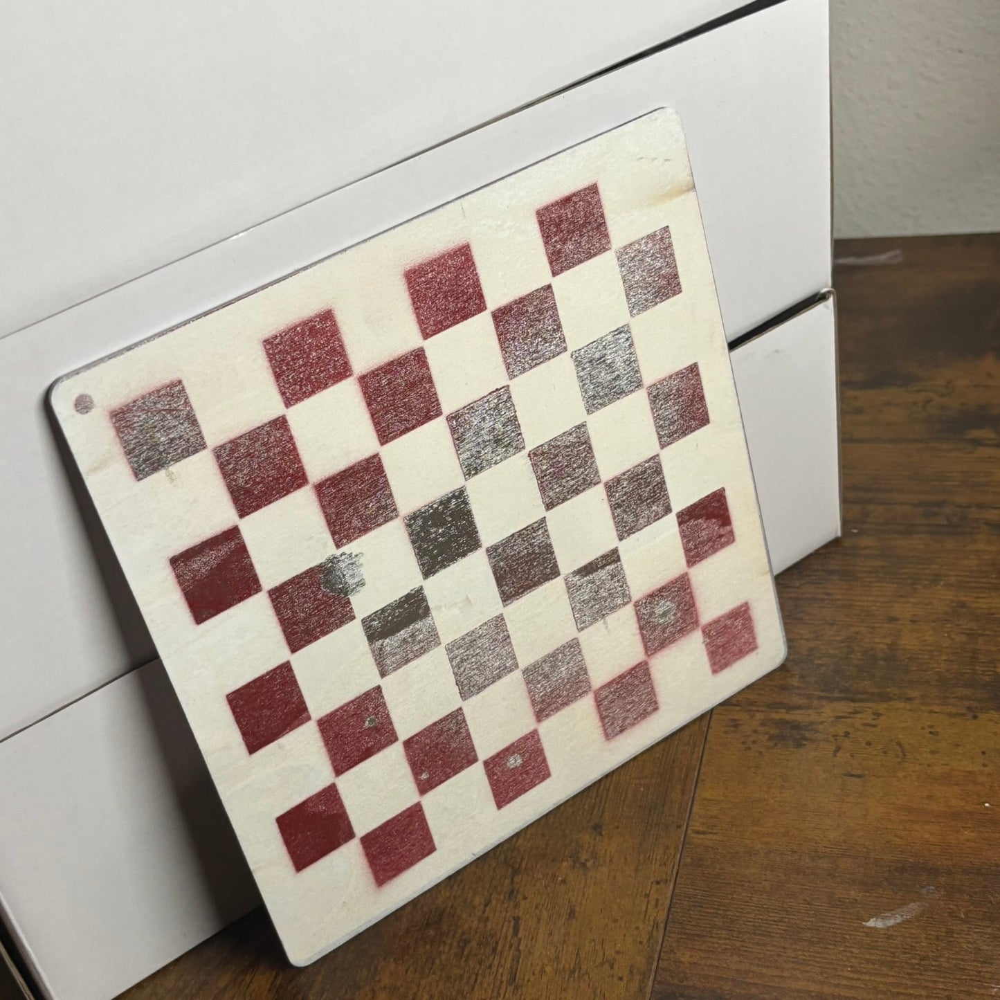 White & Red Chrome - Painted Thin Wooden Chess Board