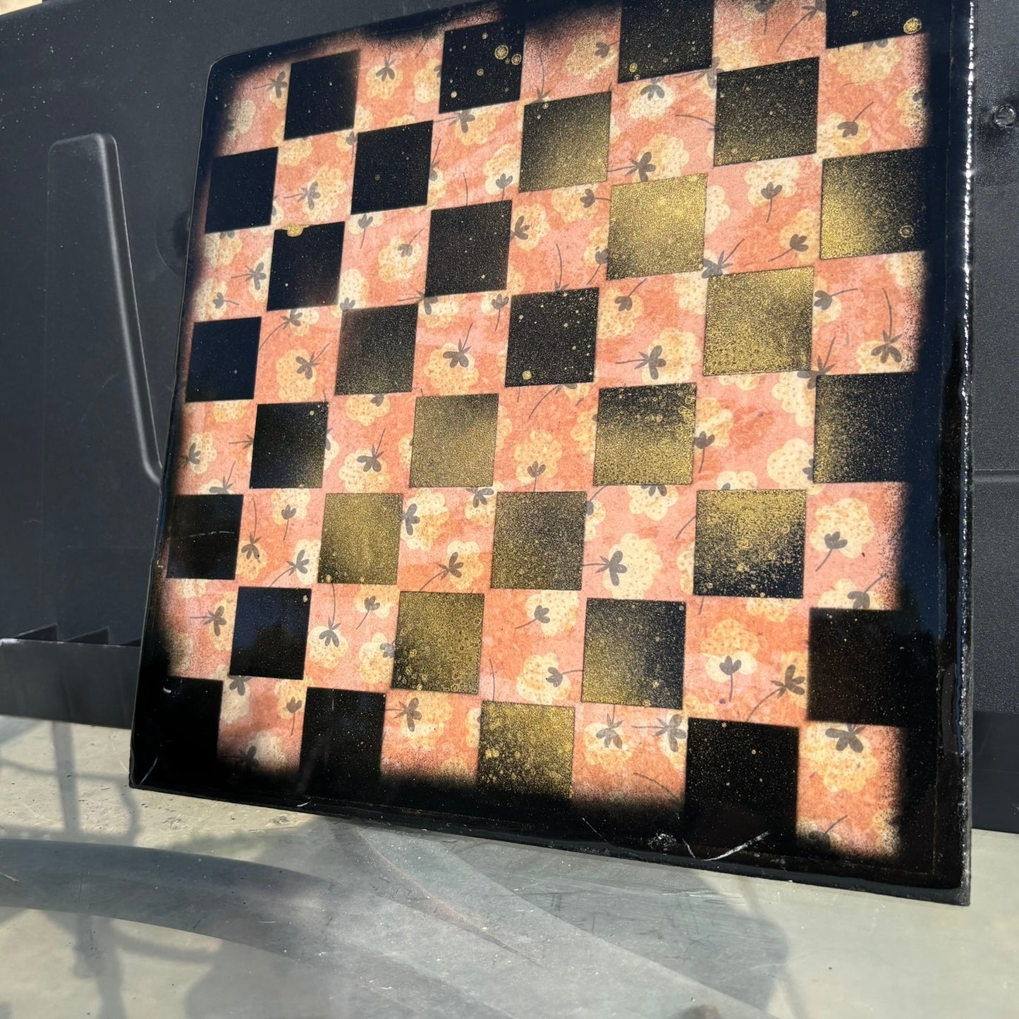 Orange Gold Flowers - Resin Coated Chess Board
