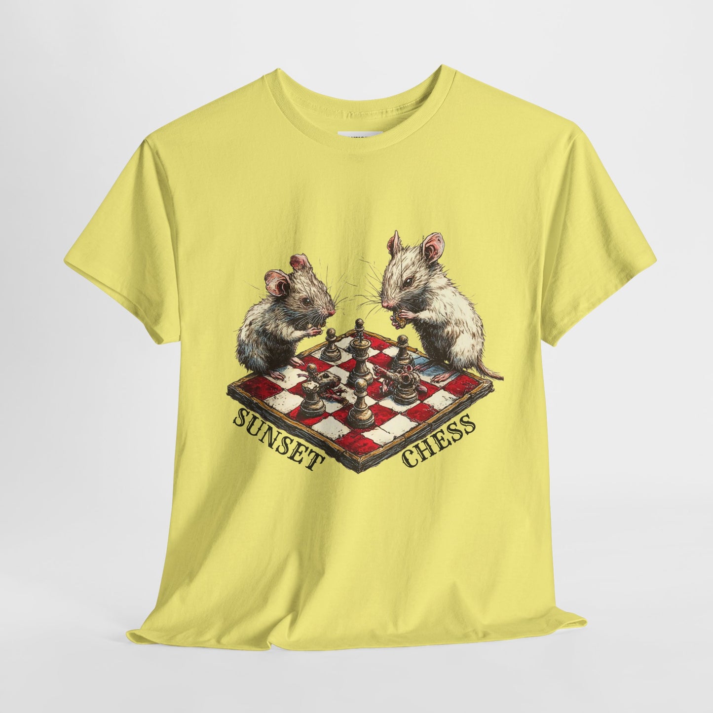 Rats Playing Chess - Lime Yellow Tee - Unisex Heavy Cotton Tee