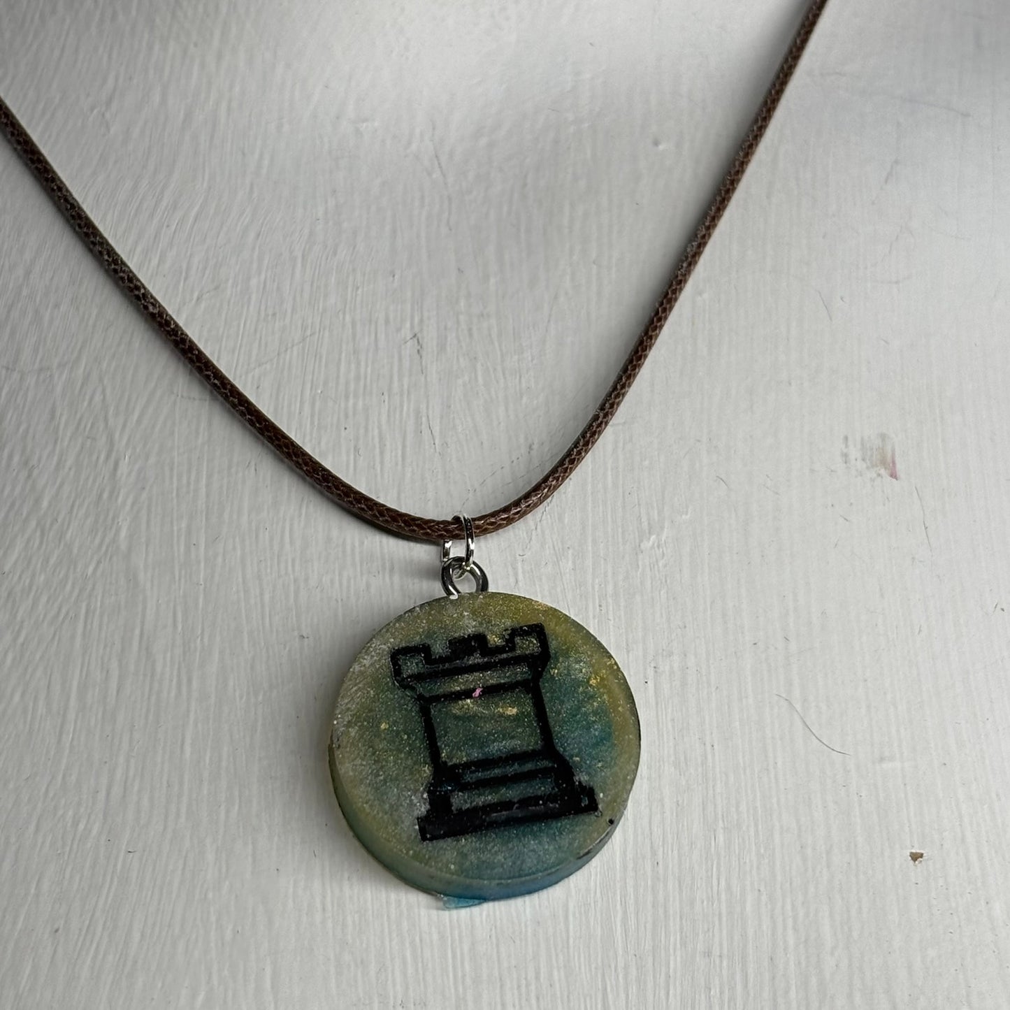 Green Blue Rook - Handmade Resin Chess Necklace