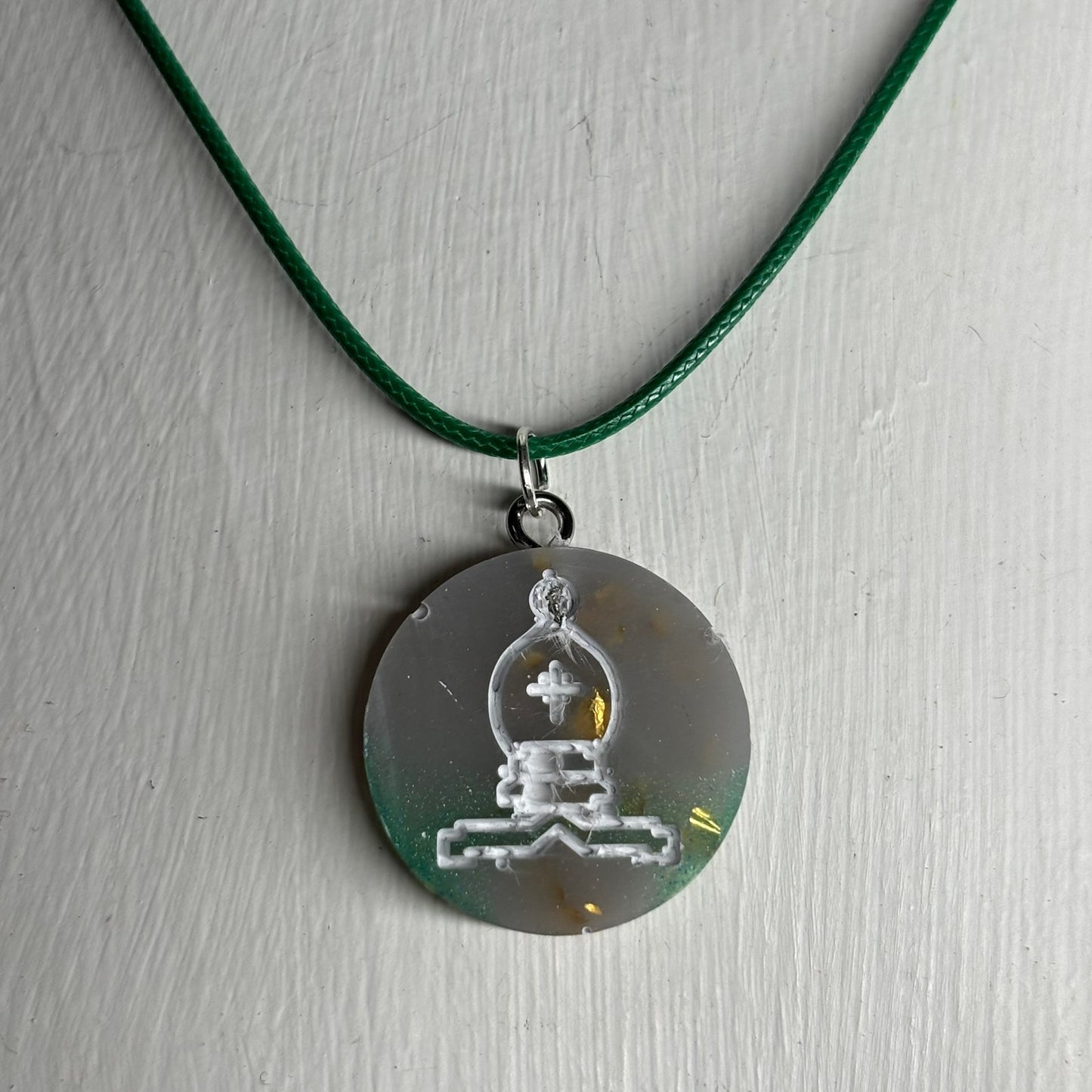 Green Silver Bishop - Handmade Resin Chess Necklace
