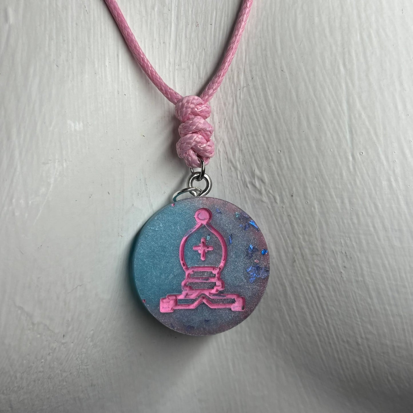 Pink & Blue Bishop - Handmade Resin Chess Necklace