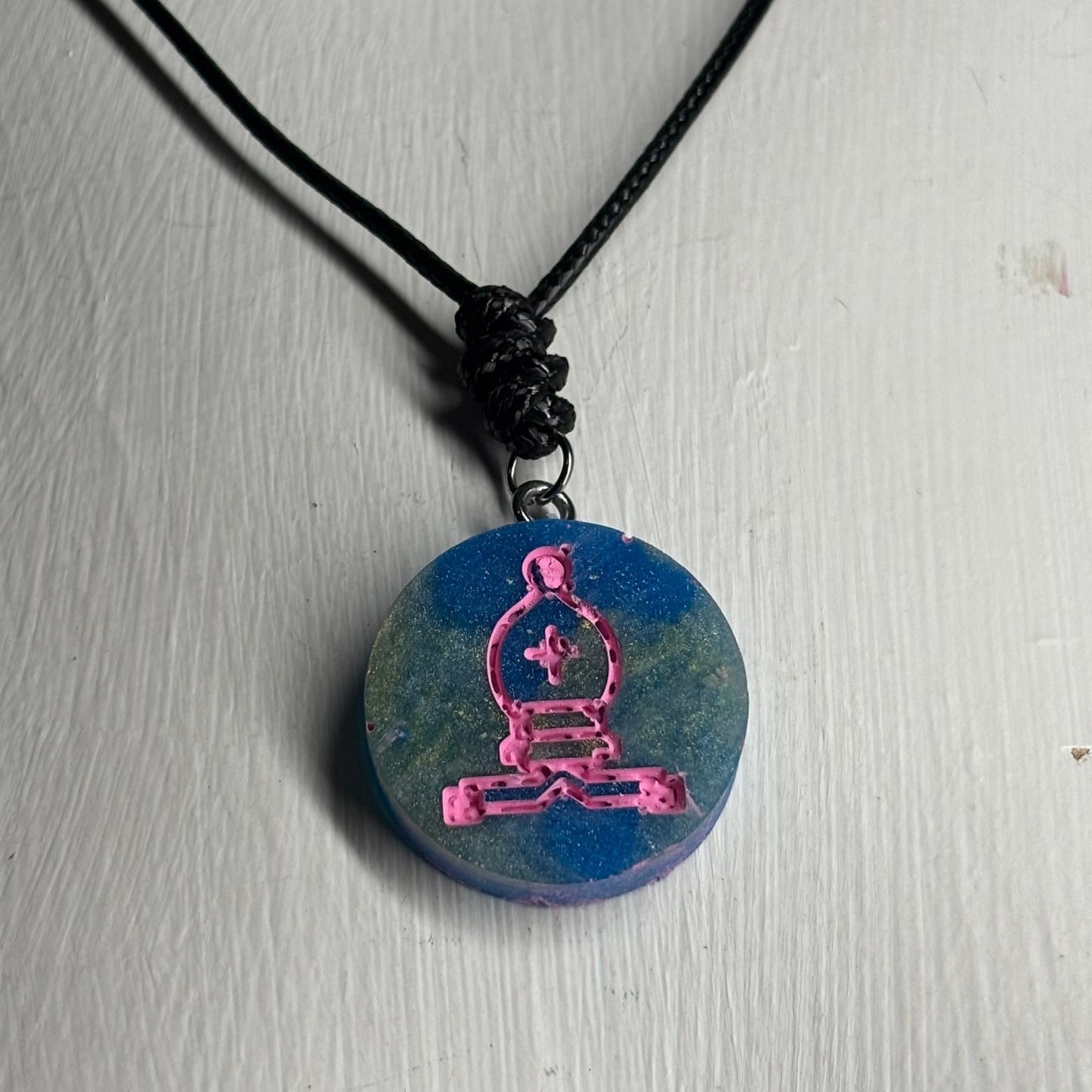 Blue & Pink Bishop - Handmade Resin Chess Necklace
