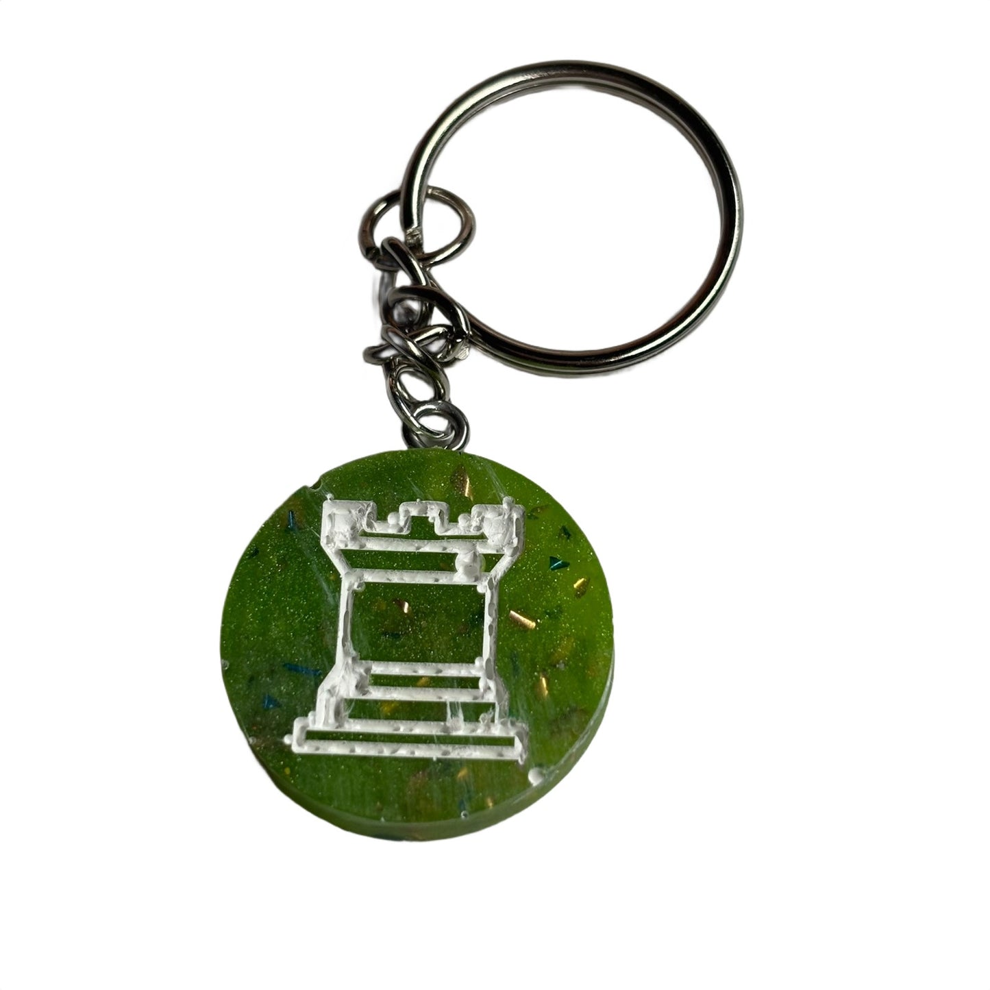 Green Confetti Rook - Handmade Resin Keychain - Flat Edition