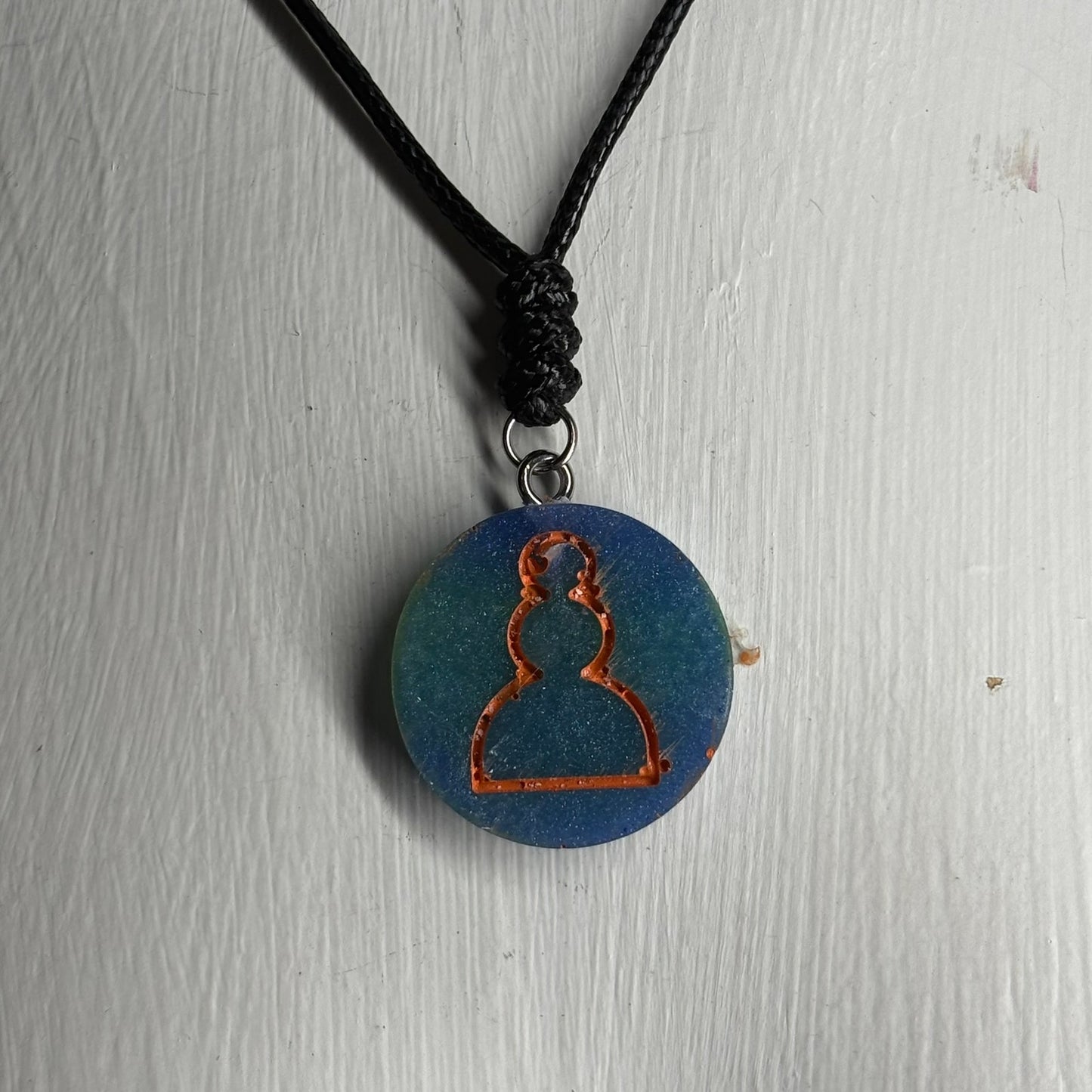 Vintage Blue & Orange Pawn - Handmade Resin Chess Necklace