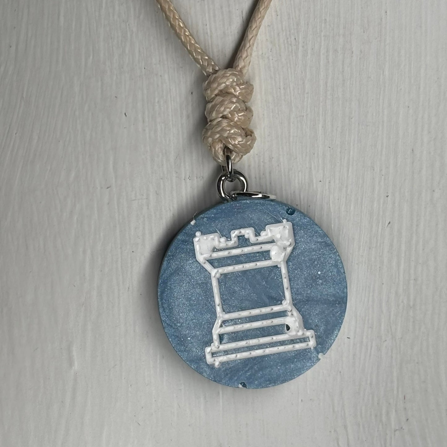 Cream Blue Rook - Handmade Resin Chess Necklace