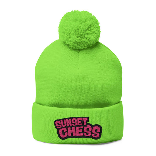 Sunset Chess Pink Text - Neon Green Pom Pom Beanie