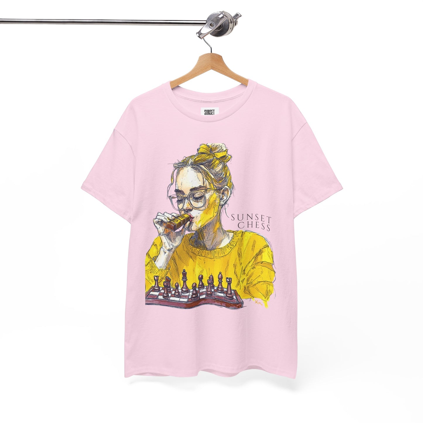 Yellow Woman Playing Chess - Pink Edition - Unisex Heavy Cotton Tee