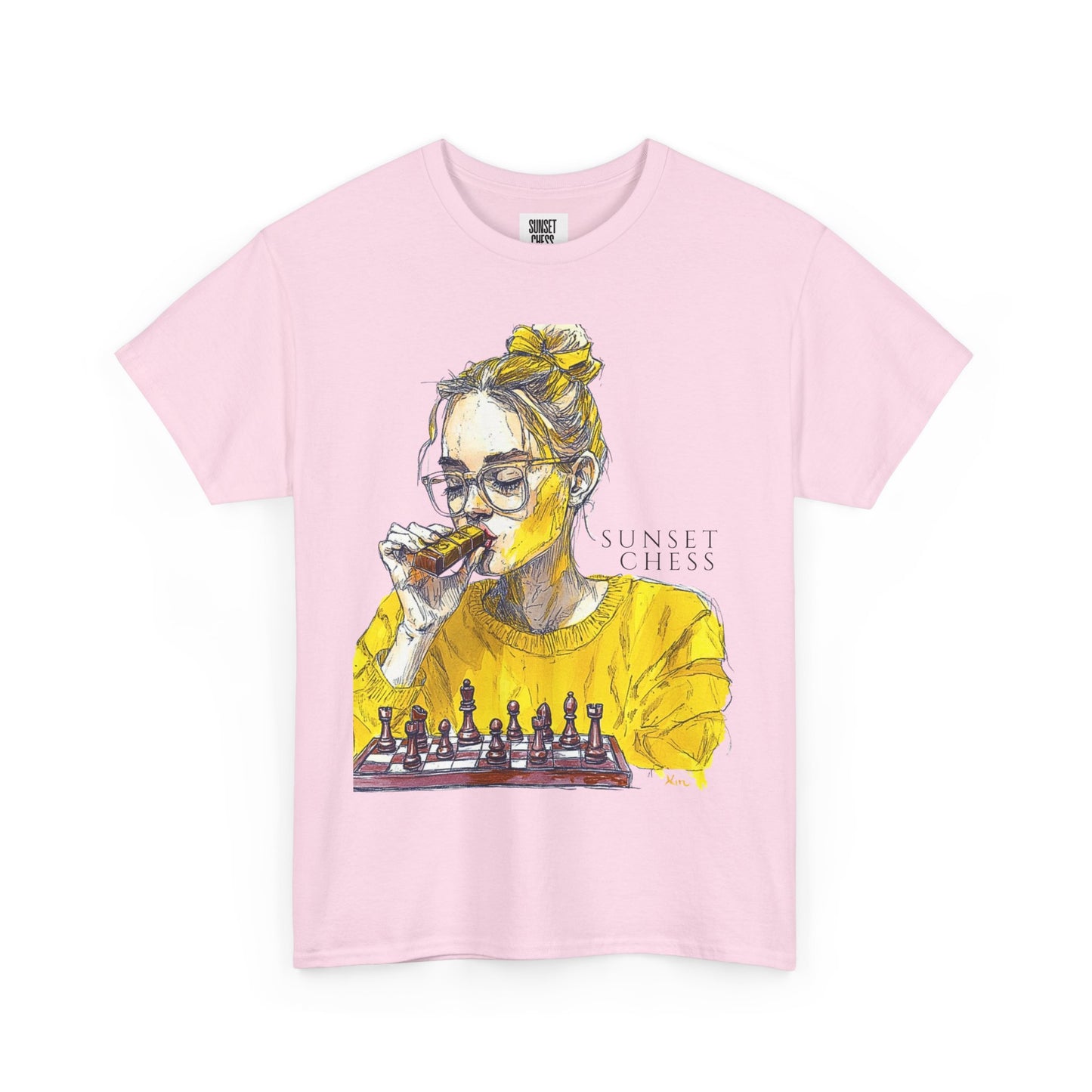 Yellow Woman Playing Chess - Pink Edition - Unisex Heavy Cotton Tee