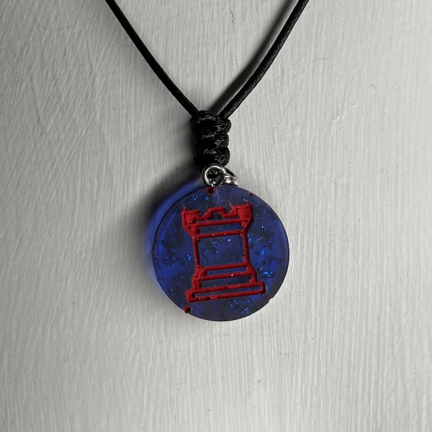 Blue & Red Rook - Handmade Resin Chess Necklace