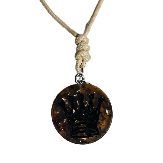 Dark Amber Vintage Queen - Handmade Resin Chess Necklace
