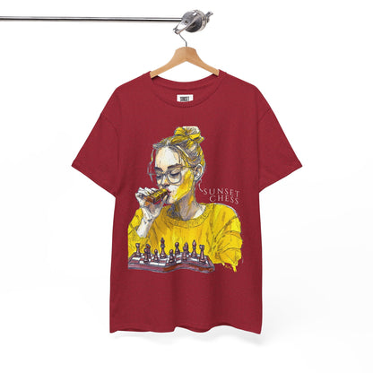 Yellow Woman Playing Chess- Red Edition - Unisex Heavy Cotton Tee