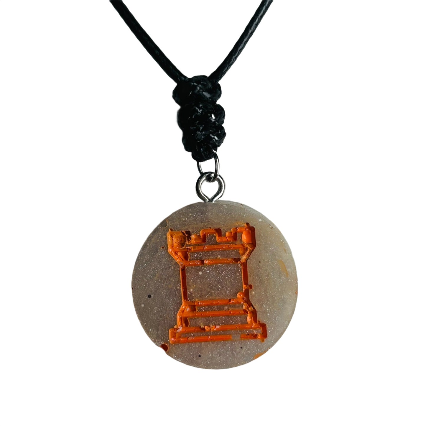 Silver Orange Rook - Handmade Resin Chess Necklace