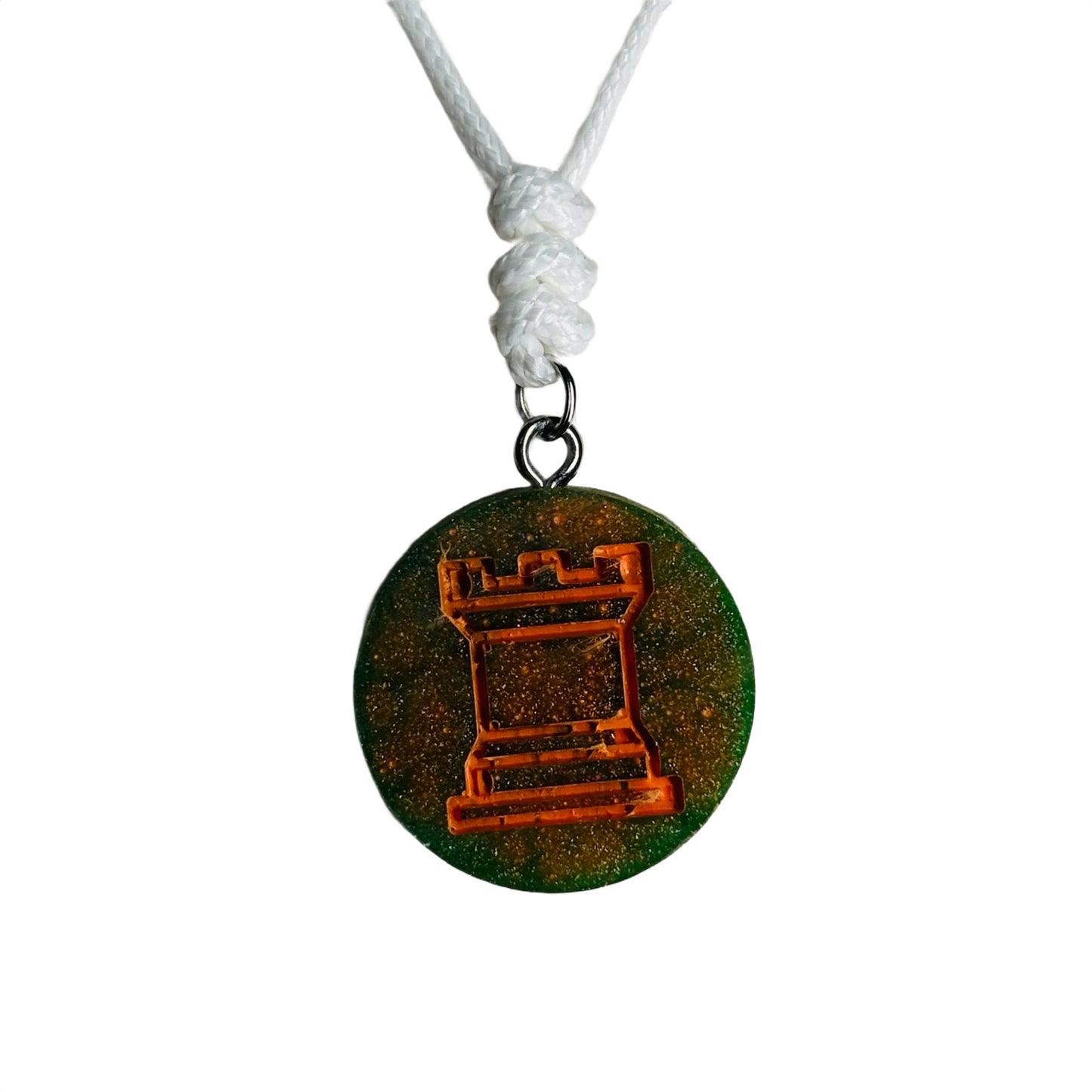 Rustic Green/Orange Rook - Handmade Resin Chess Necklace