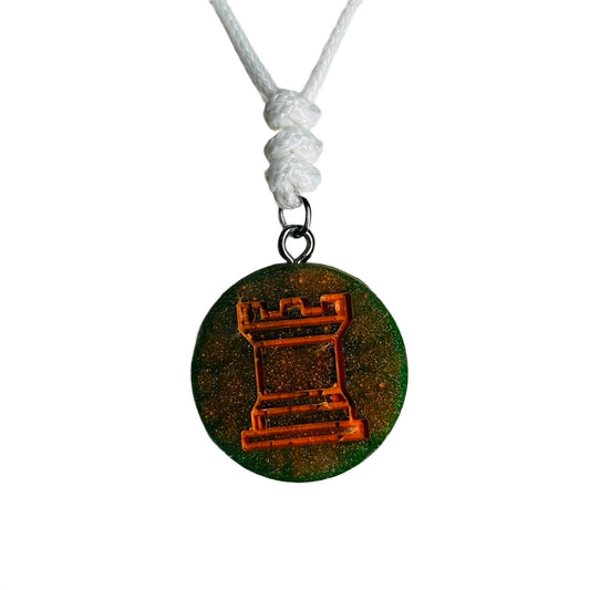 Rustic Green/Orange Rook - Handmade Resin Chess Necklace